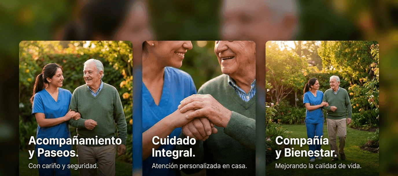 Cuidadora acompañando a un adulto mayor: paseos, cuidado integral y compañía